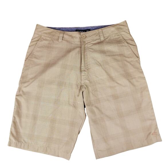 O'Neill Hybrid Board Shorts Men 32 Beige Plaid Flat Front Wicking Swim Beach 11" - Picture 1 of 11